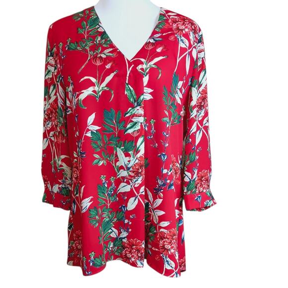 ROSE & OLIVE Romantic Floral‎ Red Top Blouse Medium V-Neck 3/4 Sleeves Career - Picture 1 of 9
